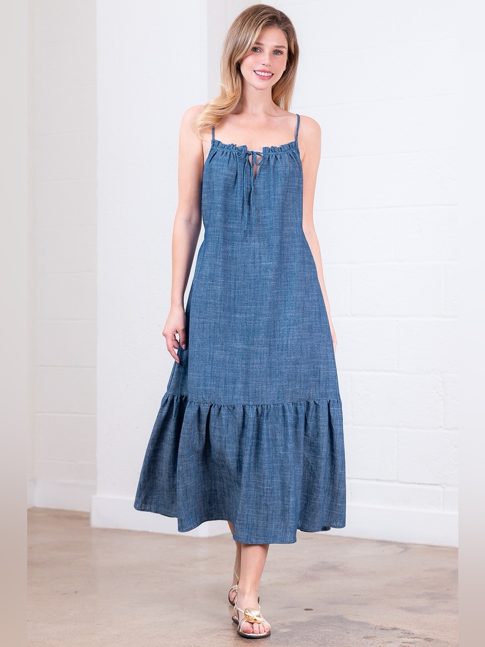 Taelynn Blue Linen Blend Midi Dress Tiered Ruffle Tie Front Size M